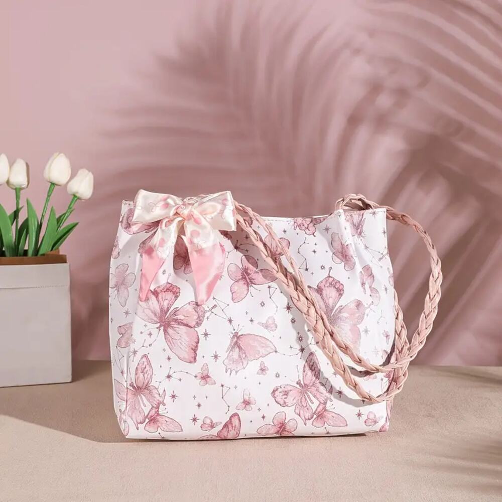 Pink Butterfly Handbag Watercolor Faux Leather Tote Bag Whimsical Spring New
